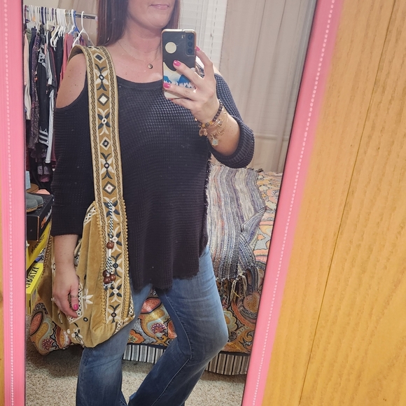 Free People Vic Velvet Slouchy Bag Embroidered Mirrors Beads Gilded Yellow Tote - Picture 11 of 11